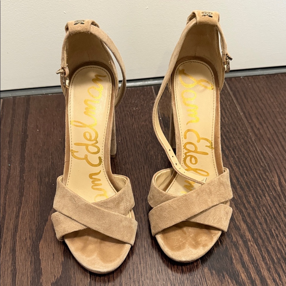 Sam Edelman Tan Suede Cross‑Strap Block Heel Sandals
